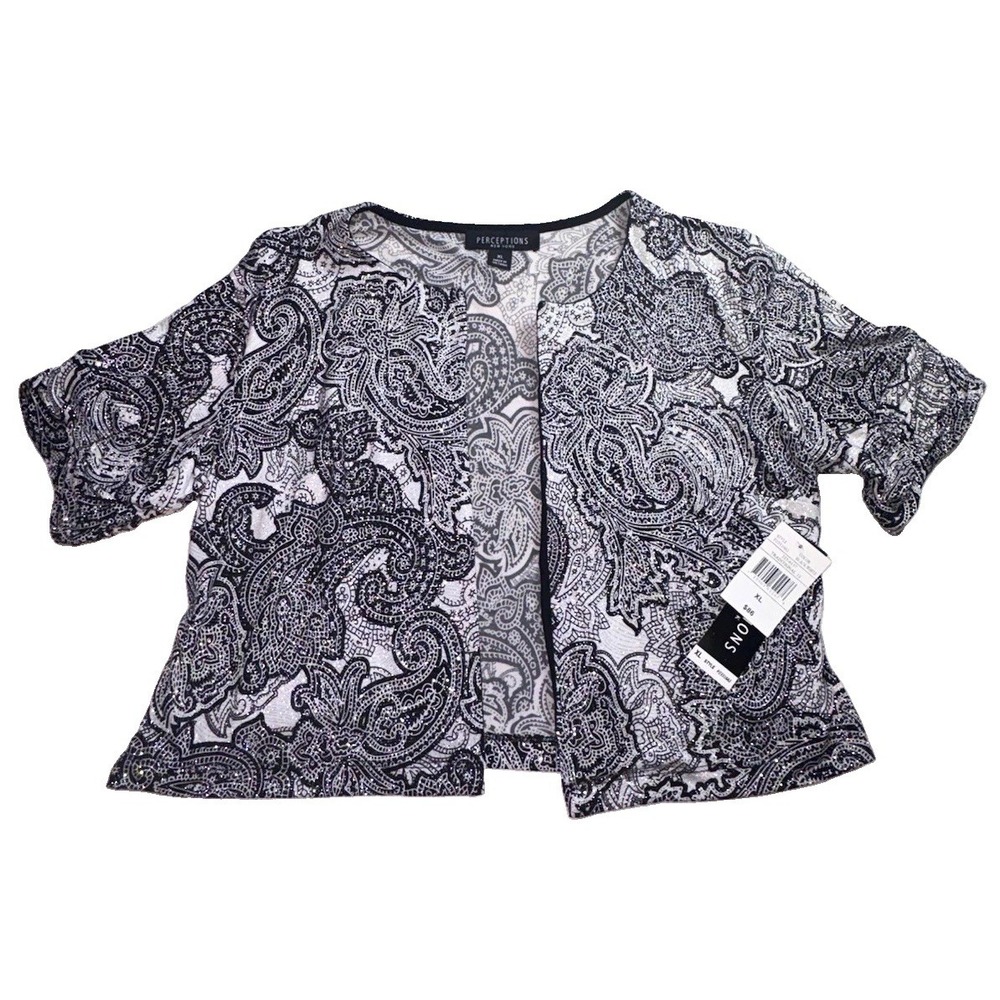 Perceptions New York Women's Black White Paisley Open Front SS Top Size XL